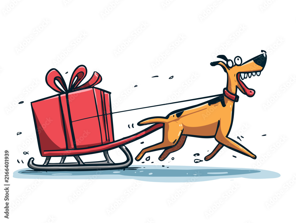 Fototapeta premium Dog pulling red gift box on sled