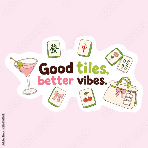 Coquette Mahjong Game Tiles with Cocktail and Bow Hand Drawn Vector Graphic