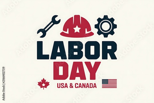 Labor day celebration typography design featuring a construction helmet wrench and gear for usa and canada workers