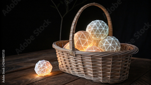 Glowing geometric spheres in a wicker basket