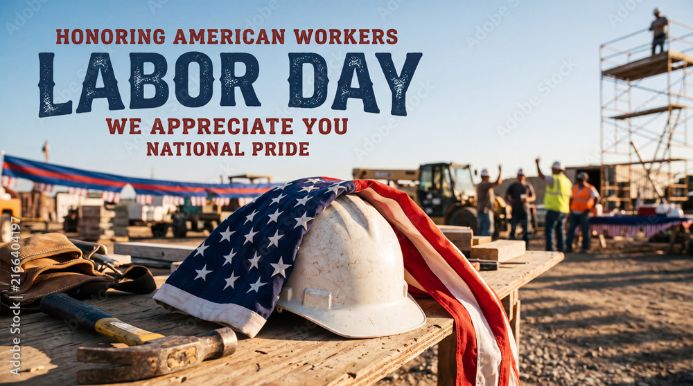 Naklejka premium Usa labor day scene featuring an american flag draped over a white hard hat, worker appreciation concept, bold patriotic styling, festive holiday design, industrial motif accent, celebratory