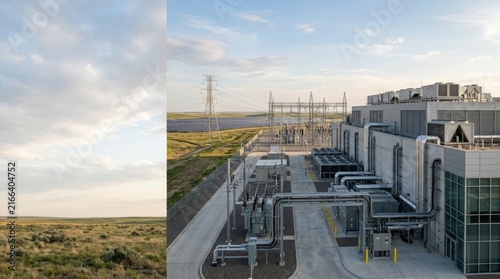A split-screen composition showing open grassland alongside a modern data center with power substation and solar panel array.