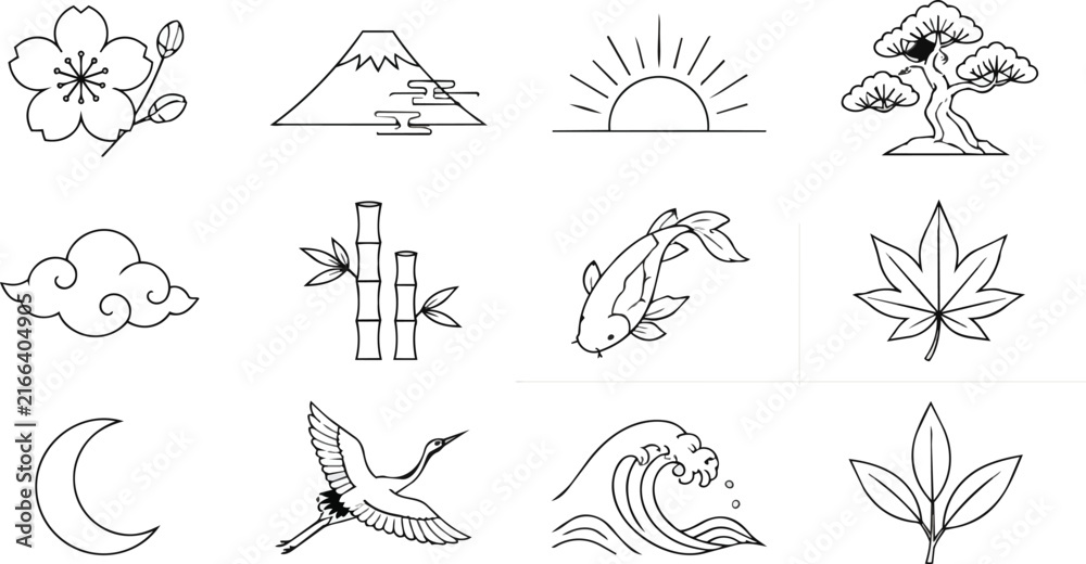 Naklejka premium Japanese Zen Line Art Icons Set Featuring Traditional Nature Symbols