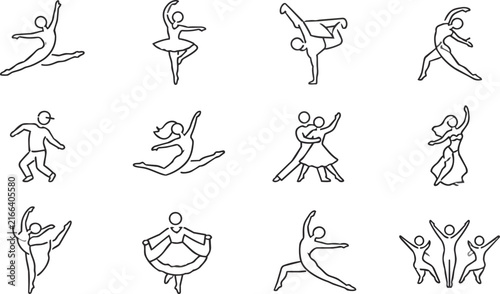 Minimalist line art icons of people dancing and performing