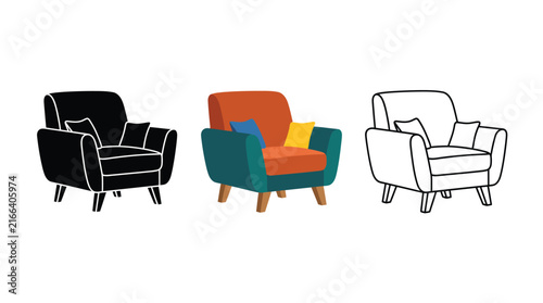 Modern armchair displayed in colorful flat style along with solid black silhouette and simple line drawing
