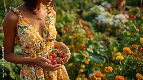 Woman in a yellow floral sundress holding a bowl of strawberries