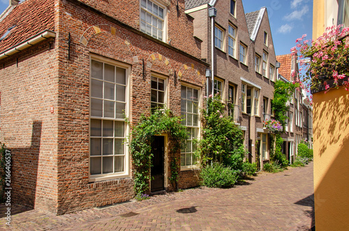 Zwolle, The Netherlands, July 27, 2026:  street in the old town with brick and plaster facades on which vegetation abundantly grows