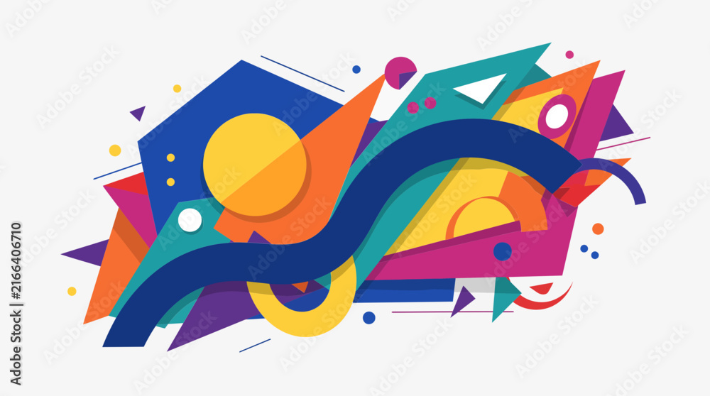 Naklejka premium Vibrant vector graphic illustration featuring abstract geometric shapes including triangles circles and dynamic flowing curves presented in a bright colorful artistic composition perfect 