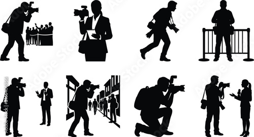 Obraz na plátně Professional journalist and photographer silhouettes collection showing press c