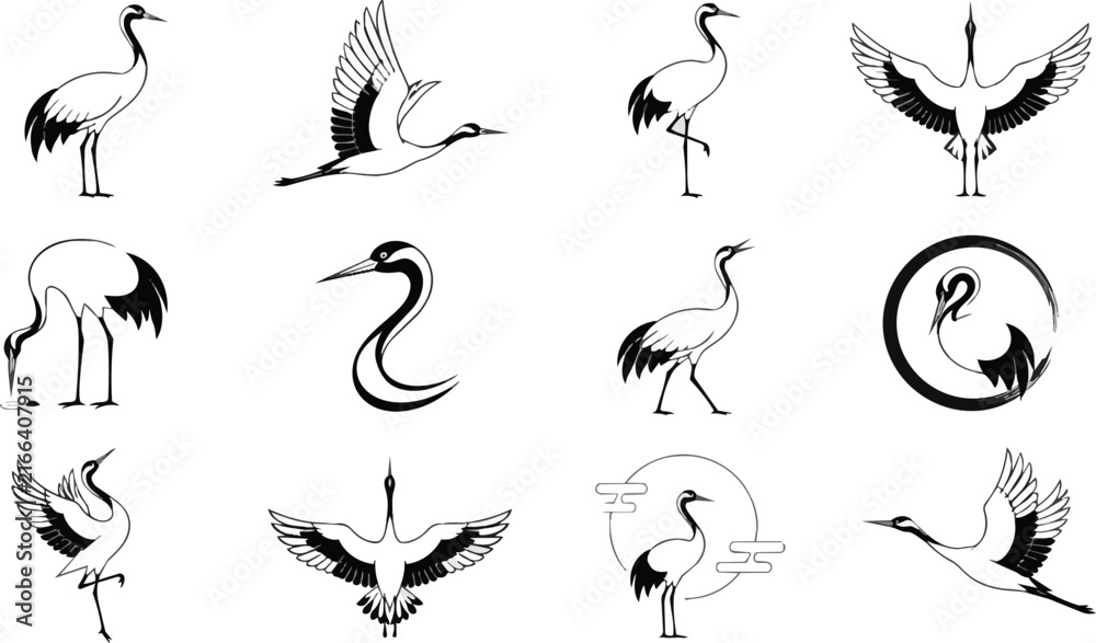 Naklejka premium Set of Japanese Crane Bird Illustrations in Minimalist Style