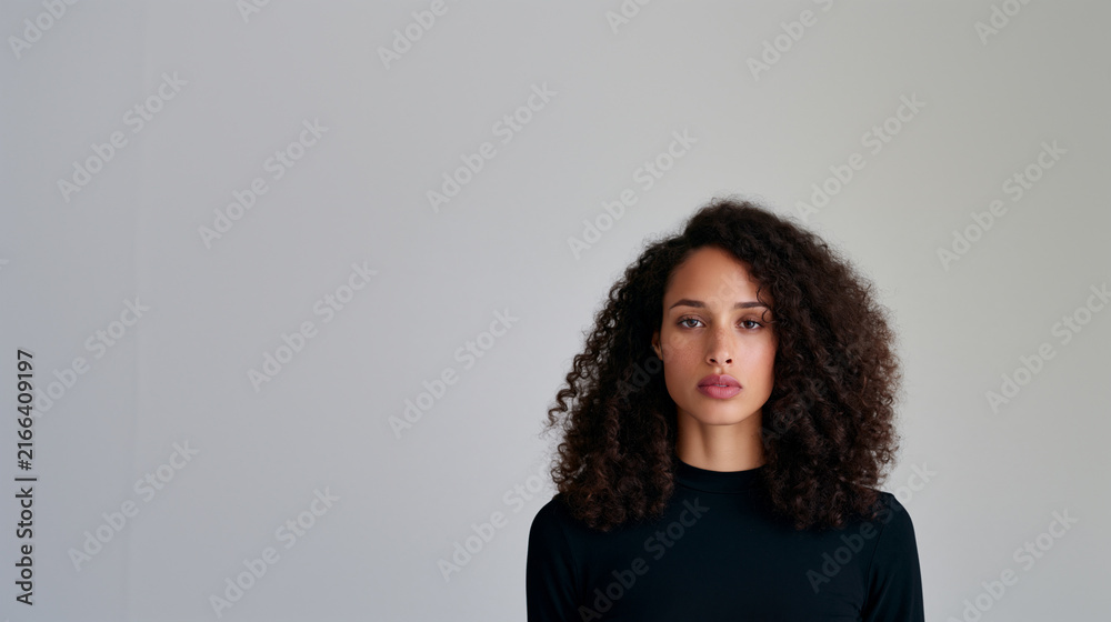 Obraz premium confident woman with natural curly hair, focused expression and soft lighting, expressive portrait of a woman with natural curls and an attentive intelligent gaze