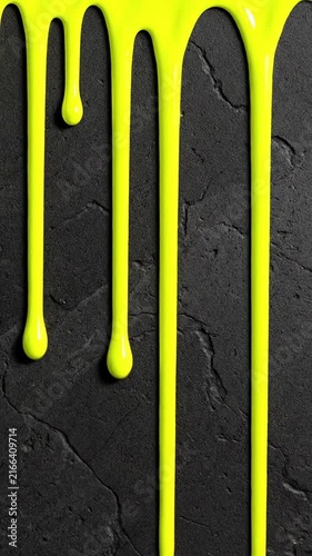 Bright Neon Yellow Paint Drips Flowing Down Over Dark Grey Textured Concrete Surface Vertical Background Design