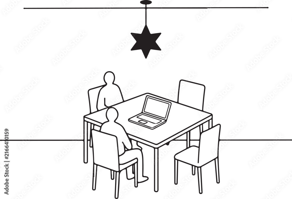 Fototapeta premium People sitting at table with laptop during meeting in modern room with hanging lamp.
