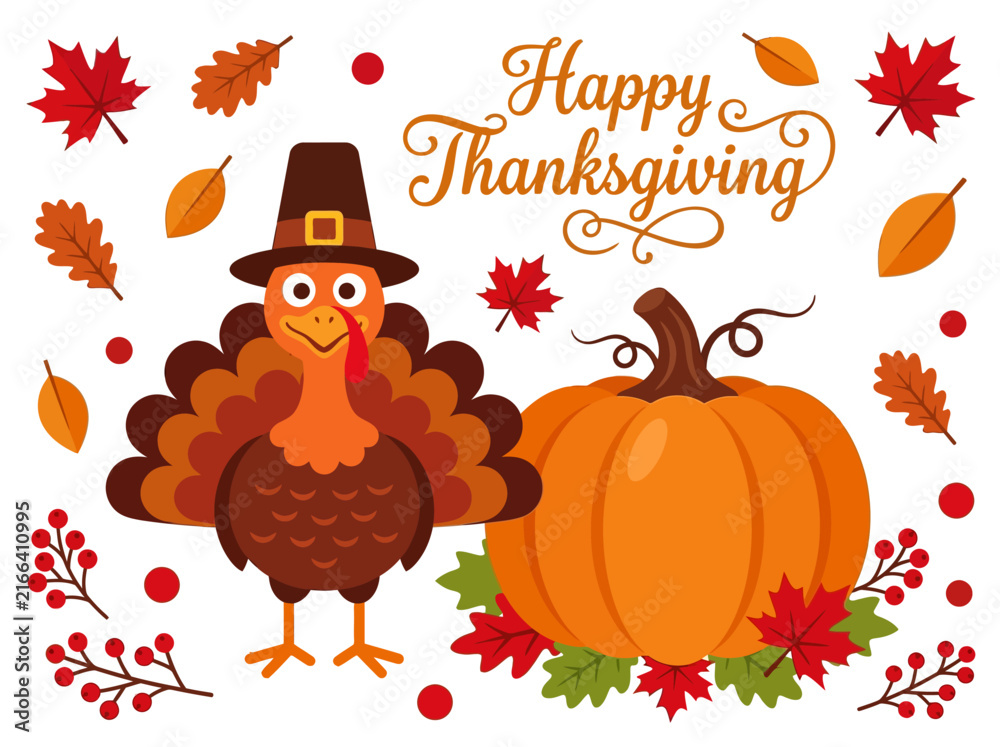 Naklejka premium Happy Thanksgiving Illustration with Cute Pilgrim Turkey and Harvest Pumpkin