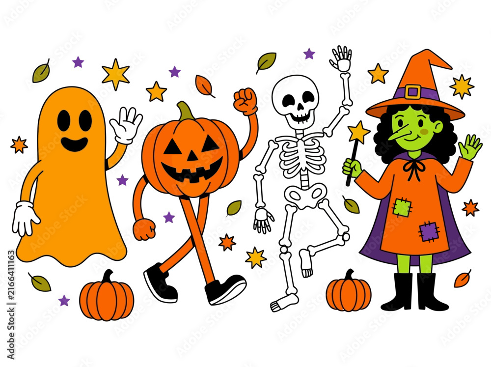 Fototapeta premium Retro Halloween Cartoon Characters Set: Ghost Pumpkin Skeleton and Witch