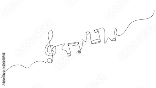 animated continuous line drawing of musical notes and treble clef, minimalist music concept line art animation