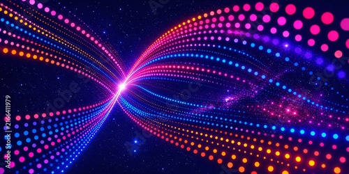 Vibrant Digital Technology Wave With Flowing Magenta Blue and Orange Dotted Particle Trails Converging at a Radiant Center, Creating a Futuristic Data Motion Background