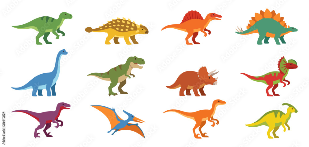 Fototapeta premium Cartoon dinosaur character set featuring various prehistoric reptiles and flying predators | Flat colorful vector graphic illustration