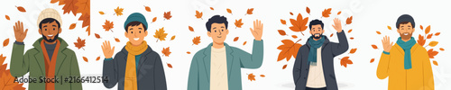 Flat vector half body illustration of a man dressed for cold weather waving  and autumn falling leaves vibes