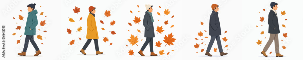 Naklejka premium vector flat of a walking man dressed in cool autumn leaf atmosphere