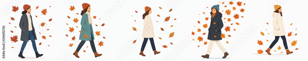 Fototapeta premium vector flat of a walking woman dressed in cool autumn leaf atmosphere