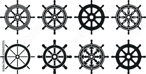 Nautical ship steering wheel icon set with black silhouette marine helm vector symbols on white