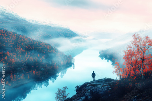 Misty lake and mountain landscape with person silhouette standing on cliff edge in cyan and orange tones.
