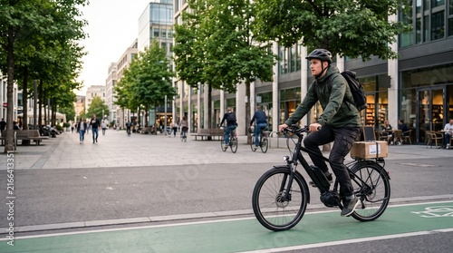 Sustainable bicycle courier delivering packages in modern urban neighborhood