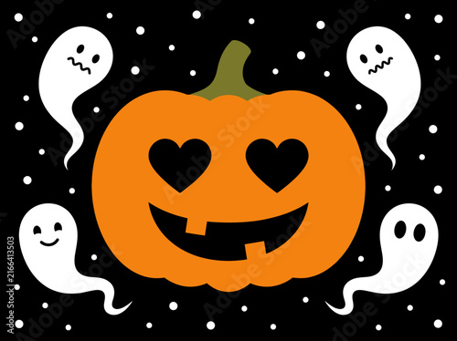 Cute Halloween Pumpkin with Heart Eyes and Friendly Ghosts Illustration