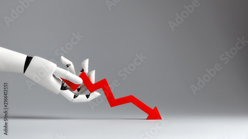 Canvastavla A white robotic hand holding a red downward arrow a light gray background