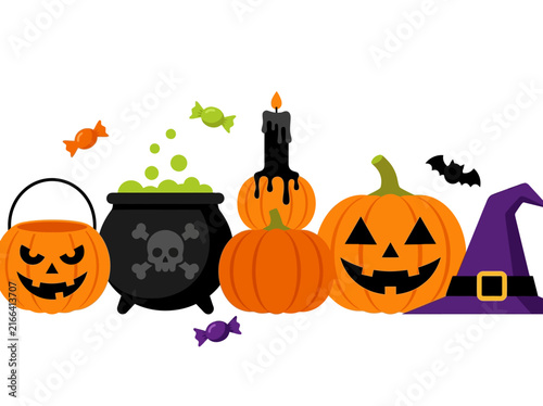 Halloween Flat Vector Illustration Set with Pumpkins Cauldron and Witch Hat