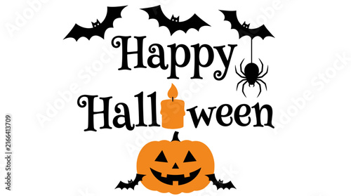 Happy Halloween Greeting with Pumpkin, Candle, Bats, and Spider