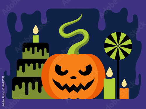 Halloween Jack-o'-Lantern with Spooky Cake and Candles Illustration