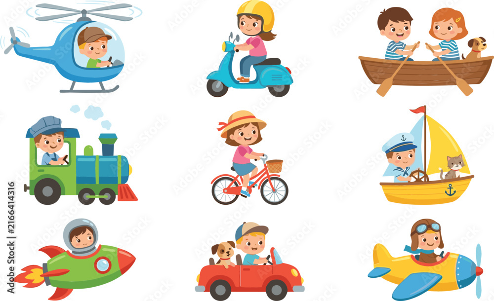 Fototapeta premium Cute kids driving various transport vehicles vector illustration set featuring helicopter scooter boat train bicycle sailboat rocket car and airplane isolated on white background