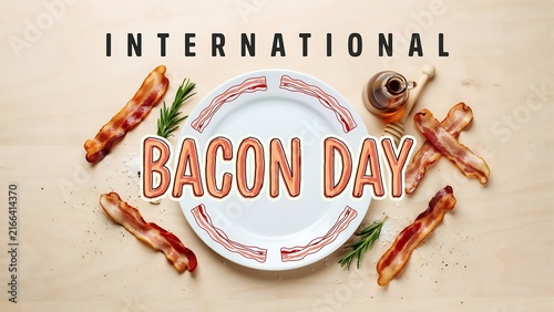 International bacon day celebration with cartoon pig and bacon strips