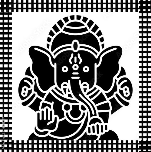 Canvastavla Lord Ganesha Black and White Line Art with Decorative Geometric Border