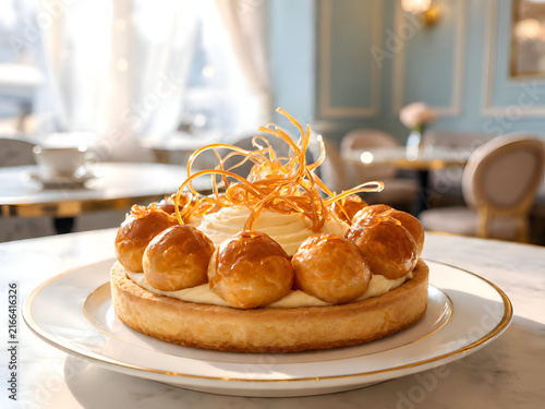 Elegant Saint-Honoré cake with caramelized cream puffs, vanilla cream, and spun sugar on a gold-rimmed plate in a bright café.