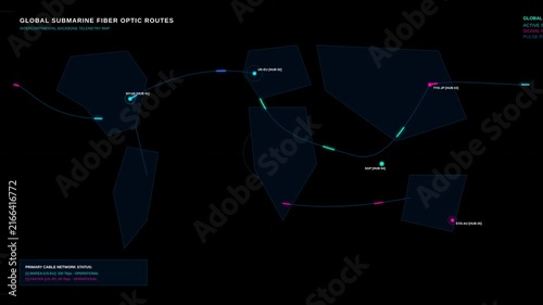 Global Submarine Fiber Optic Network Map with Data Connection Links in Digital Infographic Style