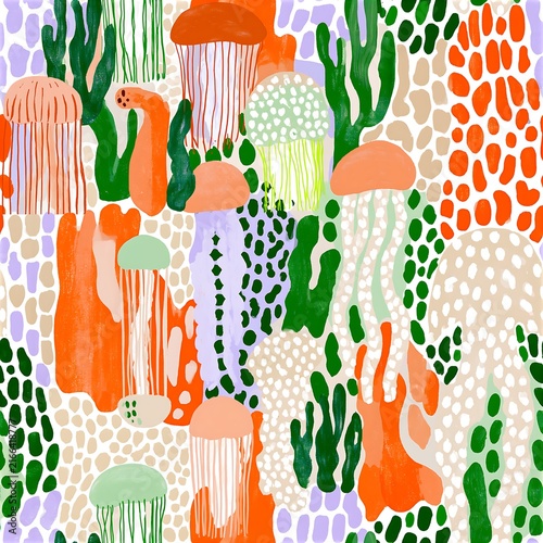 Obraz na płótnie Funky maximalist mushroom and abstract organic seamless pattern