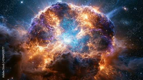 Dramatic cosmic energy eruption surrounded by glowing gas clouds and starlight, creating a powerful deep space phenomenon