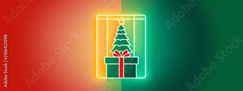 flat style green gift box with a red ribbon and a pine tree under a star inside a glowing frame on split colors