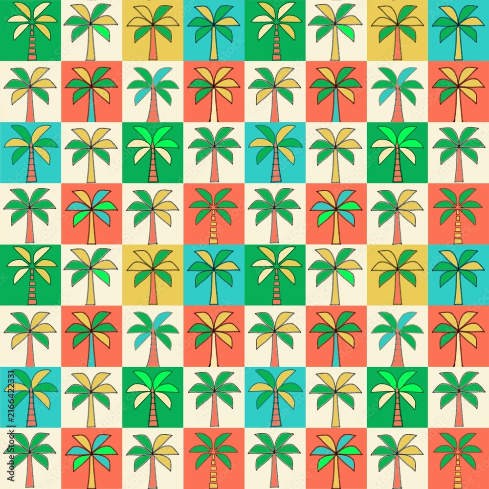 Seamless Retro Tropical Palm Tree Checkered Pattern in Vintage Colors