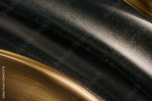 Close-up view of luxurious dark fabric featuring an intricate damask pattern and subtle glitter highlights, draped to create smooth folds beside brushed gold