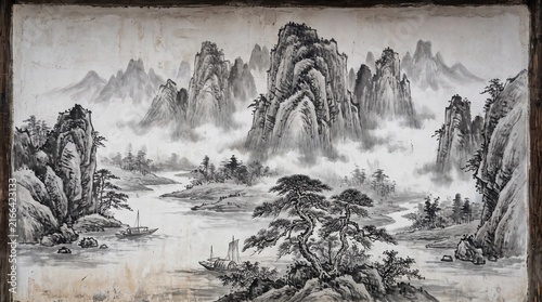 Traditional Chinese ink painting of misty mountains and a river with a boat.