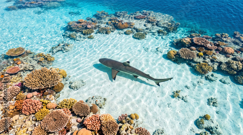 Reef shark gliding over vibrant coral reef in clear tropical ocean waters