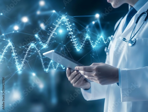 Doctor analyzing DNA helix data on digital tablet with futuristic interface.