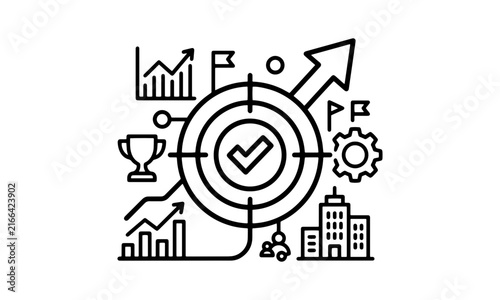 Business goal achievement line icon with center target checkmark, growth chart, upward arrow, gear, trophy, milestone flags, and building