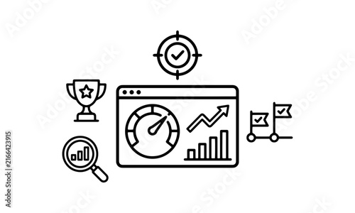 SEO dashboard analytics line icon with website performance gauge, growth bar chart, target check, star trophy, and milestone flags