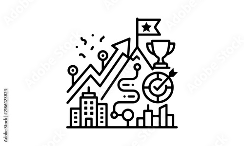 Mountain peak achievement line icon with victory flag, career success roadmap, growth arrow, trophy, target, and company skyline