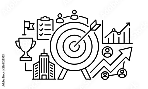 Target achievement and business goals line icon banner with archery target, arrow, clipboard checklist, teamwork, growth chart, and skyscraper